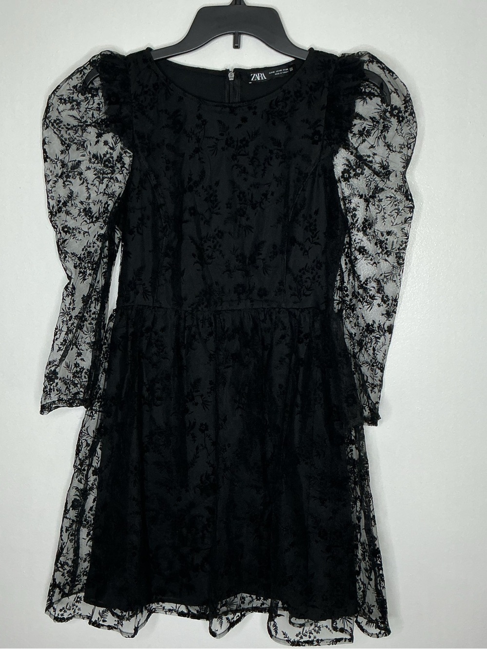 Zara Black Floral Sheer-Puff Sleeve Party Dress